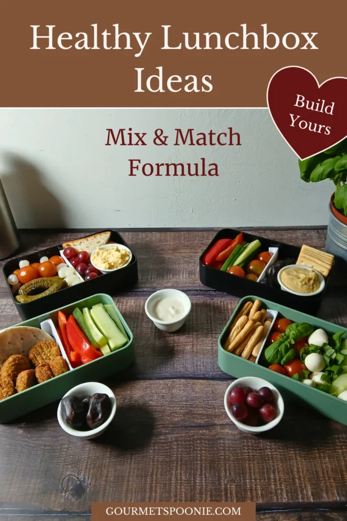 Four healthy lunchbox ideas with different ingredients, including vegetables, hummus, bread sticks, and fruit.