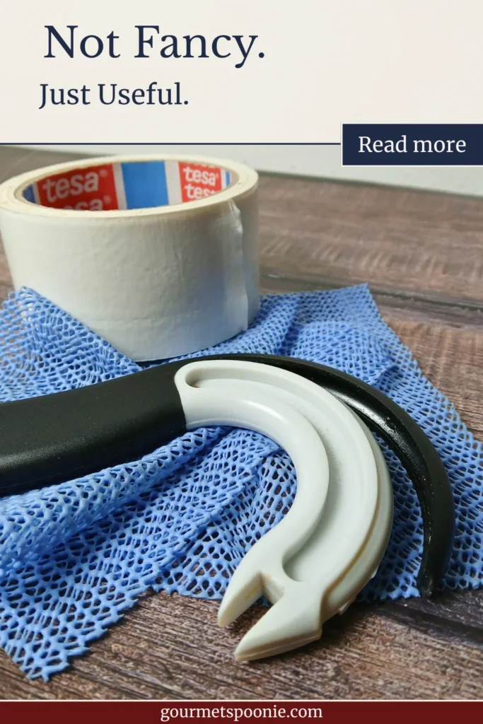 Close-up of heavily used adaptive kitchen aids with visible wear from years of daily cooking.