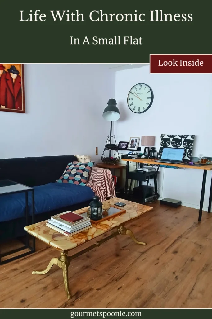 Wheelchair-accessible living room in a small Dutch flat with desk setup, books, cats, and soft natural light.