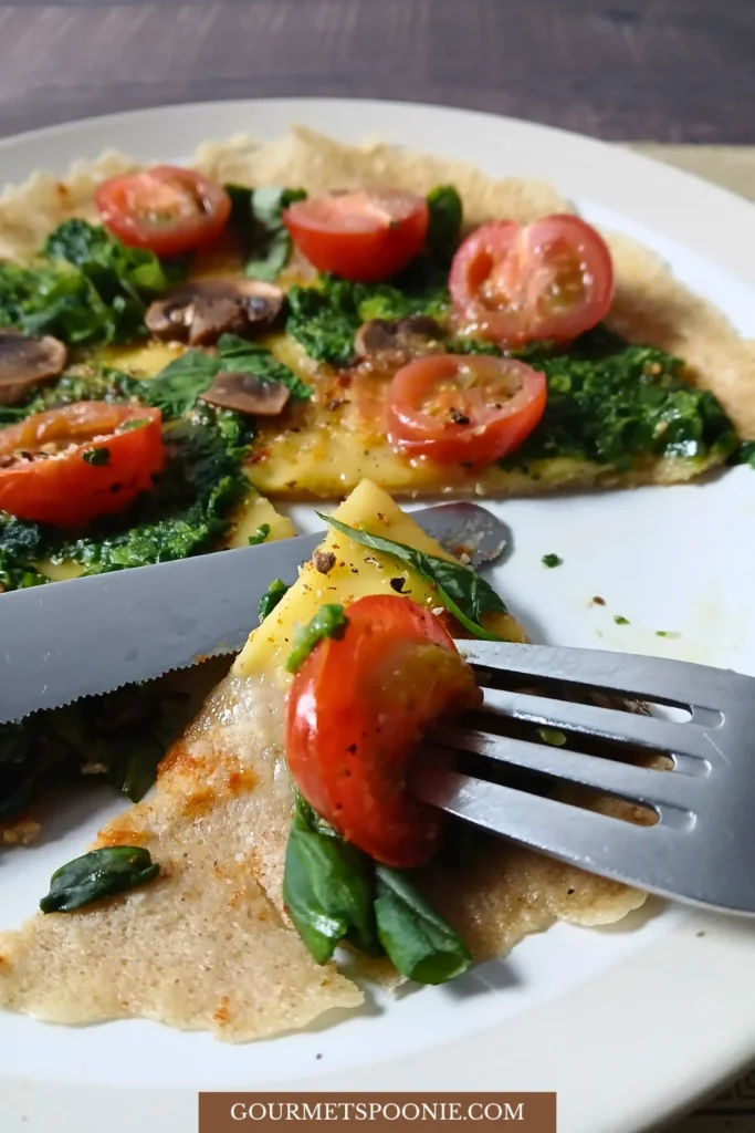 Savoury gluten-free pancake topped with vegan cheese, spinach, mushrooms, and cherry tomatoes.