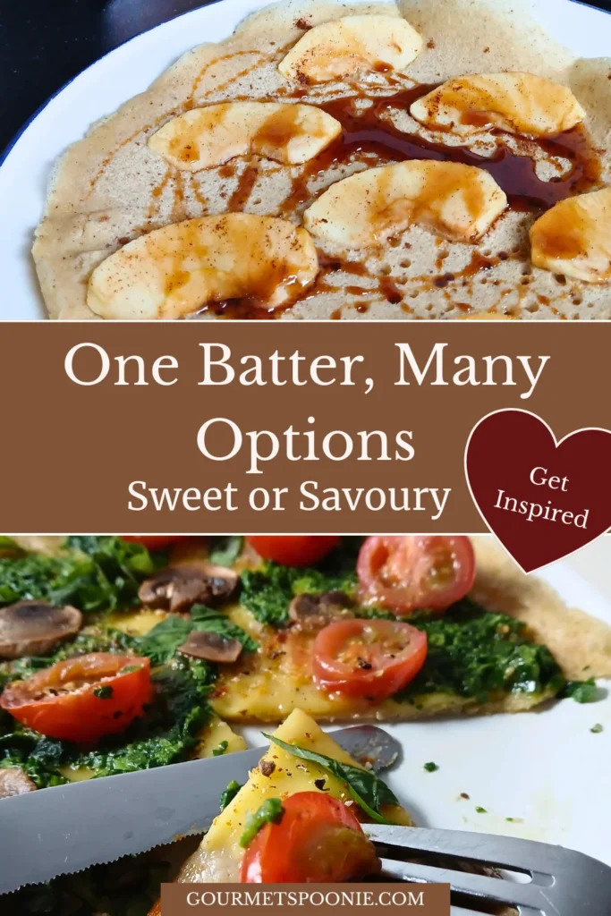 Two gluten-free vegan Dutch pancakes, one sweet with apple and one savoury with spinach, mushrooms, and cherry tomatoes
