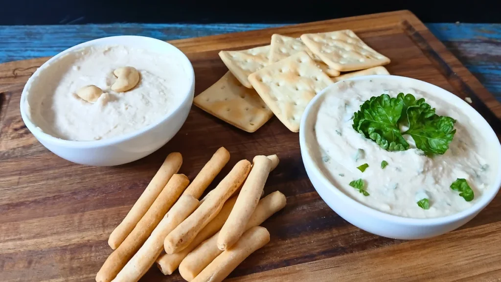 Two bowls of high-protein vegan cream cheese—one topped with cashews, the other with parsley—served alongside breadsticks and square crackers on a wooden board.