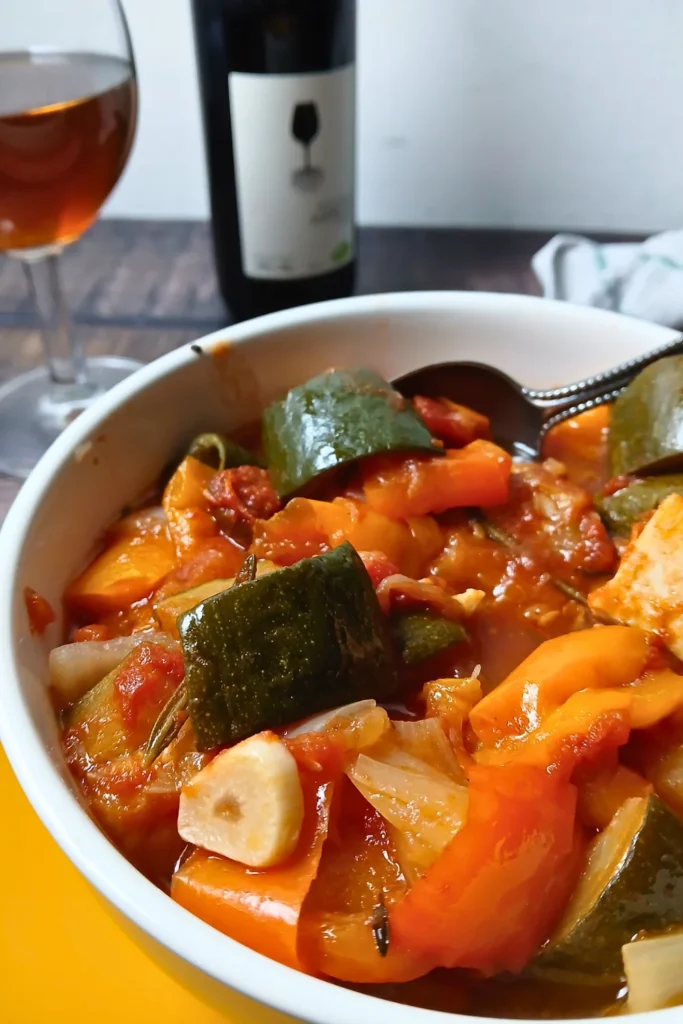 Bowl of slow cooker ratatouille made with courgettes, peppers, potatoes, tomatoes, and tofu.