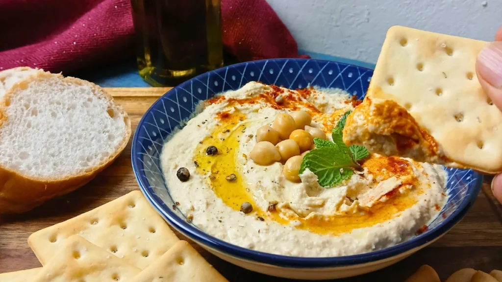 A bowl of easy homemade hummus garnished with chickpeas, olive oil, spices, and mint, surrounded by crackers and sliced bread; a cracker is being dipped into the creamy houmous.