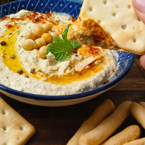 A bowl of easy homemade hummus garnished with chickpeas, olive oil, spices, and mint, surrounded by crackers and sliced bread; a cracker is being dipped into the creamy houmous.