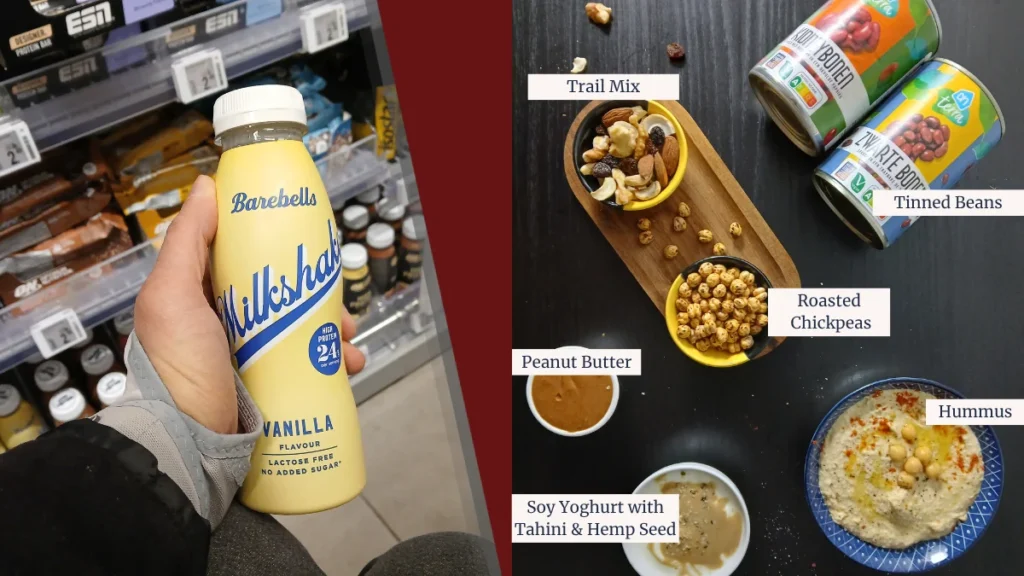 A person holds a vanilla milkshake bottle in a shop; next to it are labelled vegan protein sources, showing you can get protein without shakes or supplements from trail mix, tinned beans, roasted chickpeas, peanut butter, soya yoghurt, and houmous.