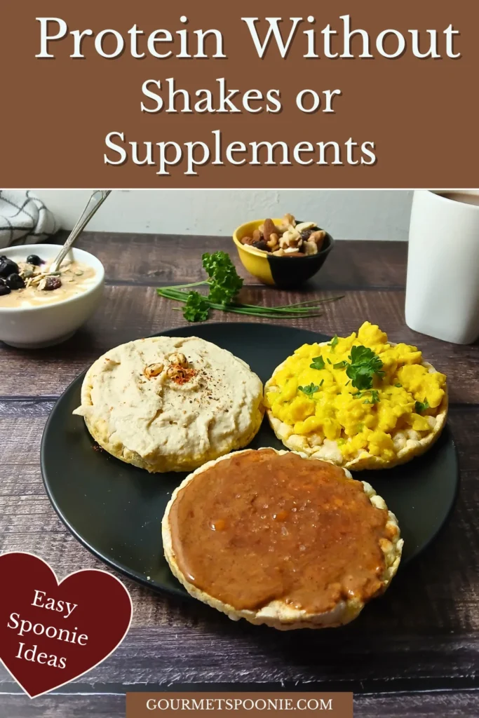 High-protein Spoonie meal with hummus toast, soy yoghurt, muesli, trail mix, and plant milk.