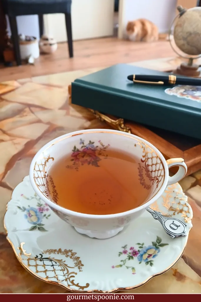 Decorative teacup of tea on a table with a cat relaxing in the background of a cosy home.