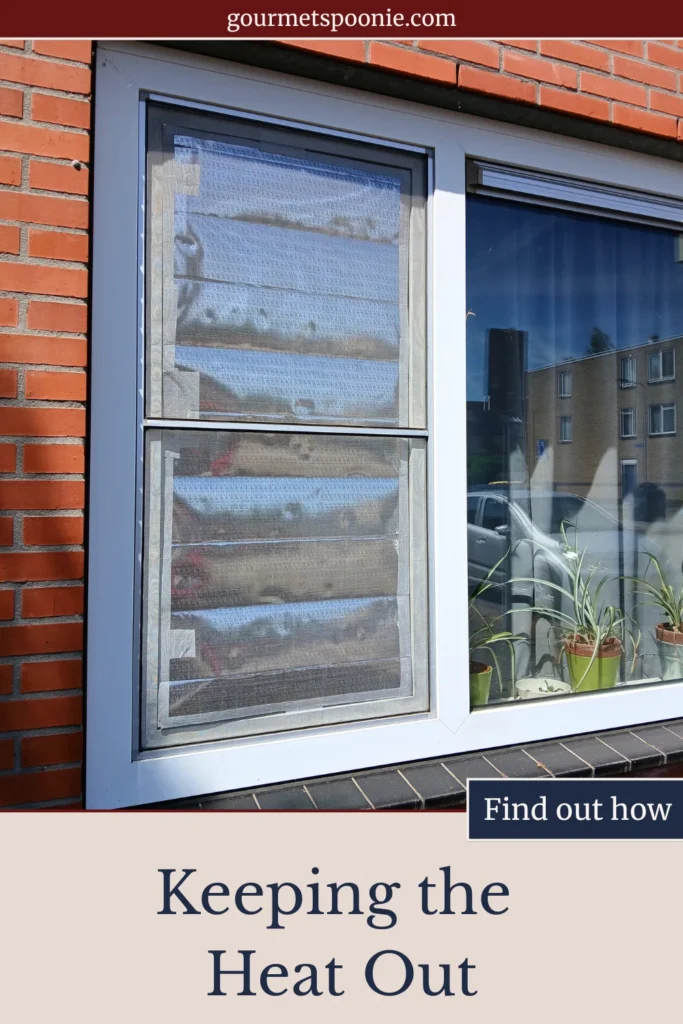 A ground-floor window fitted with reflective sun screens, photographed from outside as part of an experiment to reduce heat entering the flat.