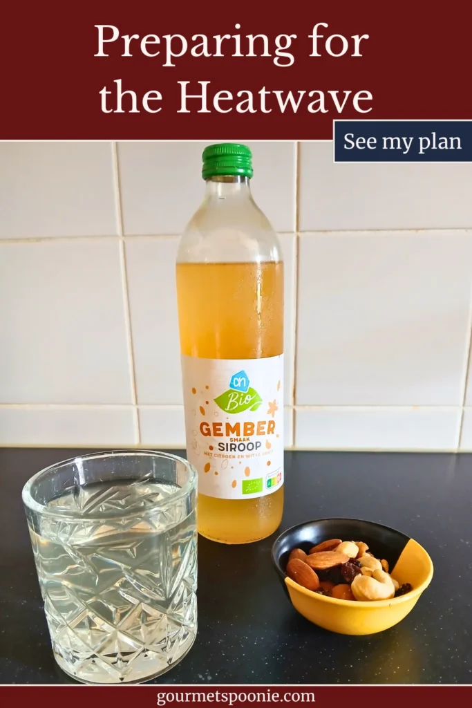 A glass of diluted fruit squash beside a bottle of ginger syrup and a small bowl of trail mix on a kitchen worktop.