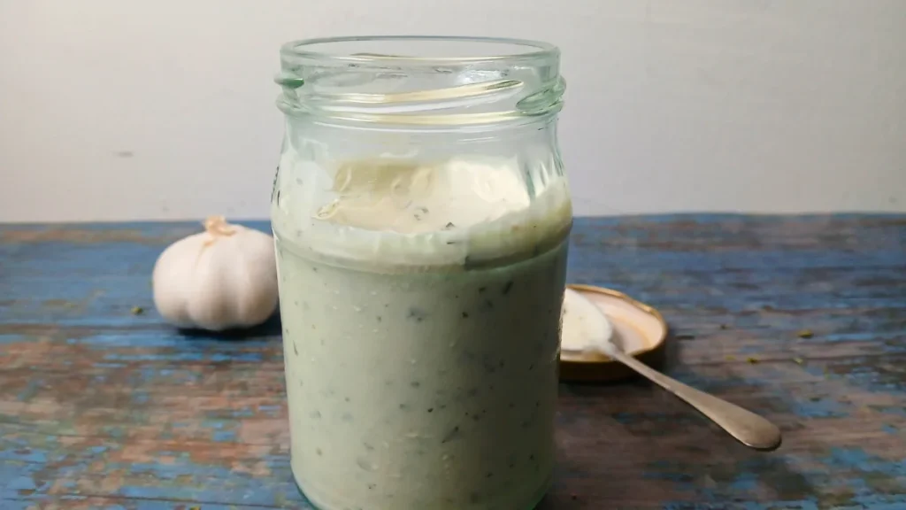 Jar of creamy homemade garlic yoghurt dressing made with Greek yoghurt and herbs, served with garlic cloves and a spoon.