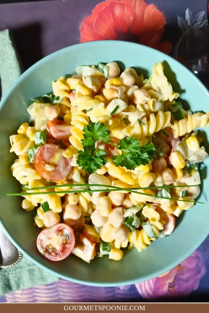 cold pasta salad with garlic yoghurt dressing, cherry tomatoes, sweetcorn, kidney beans, and herbs.