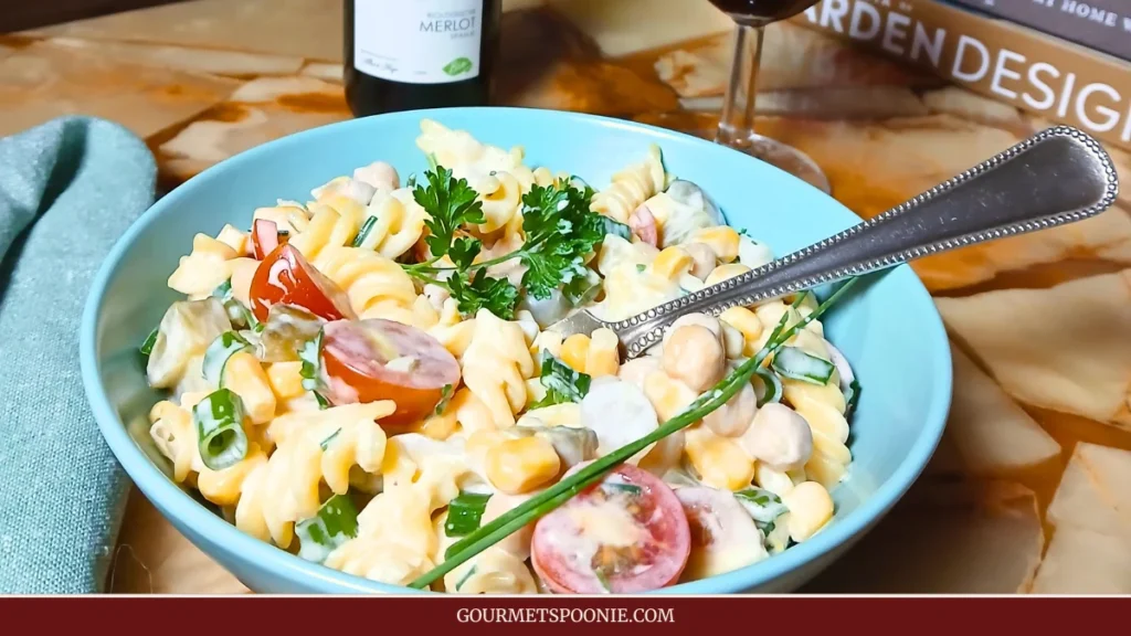 Bowl of creamy gluten-free cold pasta salad with cherry tomatoes, sweetcorn, beans, herbs, and garlic yoghurt dressing