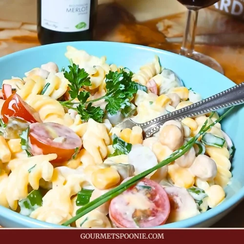 Bowl of creamy gluten-free cold pasta salad with cherry tomatoes, sweetcorn, beans, herbs, and garlic yoghurt dressing
