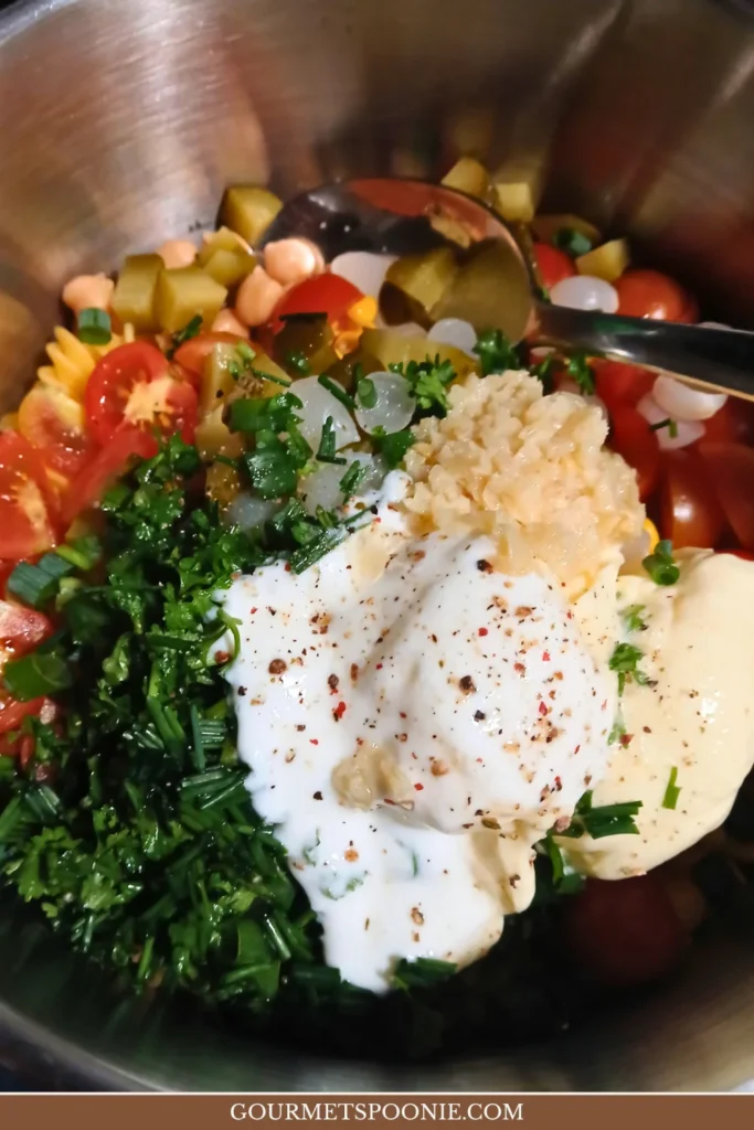 top-down view of ingredients for cold pasta salad and vegan garlic yoghurt dressing in a bowl.